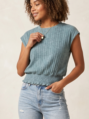 NWOT | Teal Heathered Ribbed Smocked Top | Cap Sleeves | Ruffled Hemline | Size Small