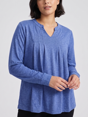 NWT Gleeneat Blue Heathered Pleated Front V-Neck Long Sleeve Top | Medium