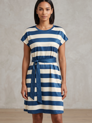 NWOT | Navy Blue & White Nautical Striped T-Shirt Dress | Artistic Belted Waist | Short Sleeve | Size Small