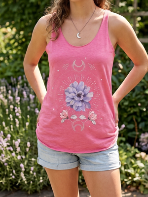 Next Level Apparel Women's Celestial Floral Tank | Artistic Crescent Moon & Bloom Motif | Heather Pink | Size XS