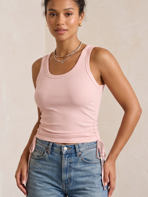 NWOT | Women's Ribbed Side-Tie Performance Tank | Artistic Adjustable Ruched Silhouette | Dusty Rose Pink | Size Large