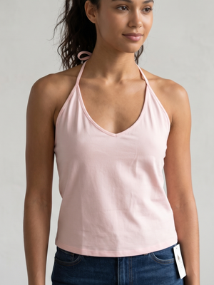 Laslulu Women's Tie-Up Halter Neck Top | Artistic Open Back Silhouette | Blush Pink | XL