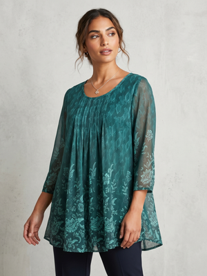 NWOT Green Semi-Sheer Mesh Floral Print Layered Blouse with Pleated Front | XL