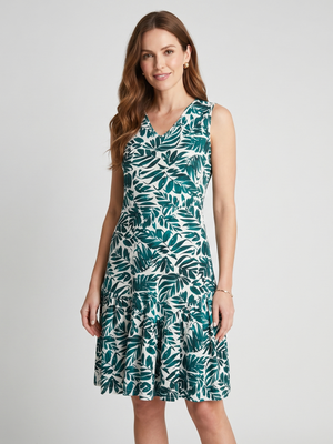 NWOT | Ovokina Women's Tropical Leaf Print V-Neck Dress | Artistic Dropped Waist Silhouette | Teal & White | Medium