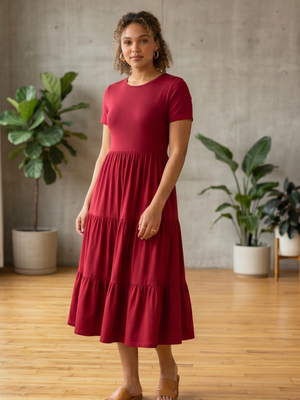 NWT | HUSKARY Wine Red Tiered Maxi Dress | Comfort Chic | Small