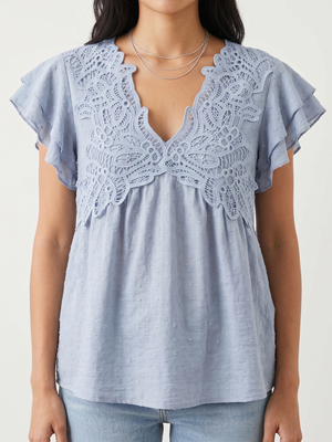 NWT | Dusty Blue Swiss Dot Top | Front Lace Ruffle | 2XL