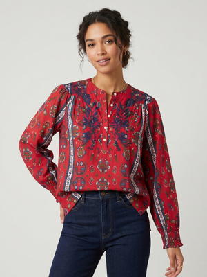 NWT Tru Luxe Jeans Red Boho Floral Long Sleeve Blouse | Smocked Cuffs | Large