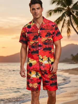 NWOT | Red Tropical Sunset 2-Piece Beach Set | Button Down & Shorts | Size M