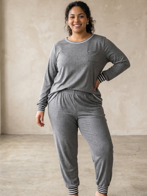 NIP| Women's Grey 2 Piece Long Sleeve Pajama Set with Striped Cuffs | Large