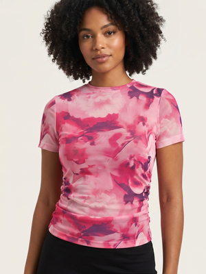NWT | BTFBM Women's Sheer Floral Mesh Top | Artistic Ruched Short Sleeve Silhouette | Orchid Magenta & Blush | Size Small