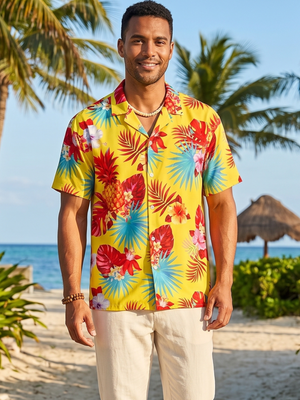 NWT | Yellow Tropical Floral Pineapple Hawaiian Shirt | XL