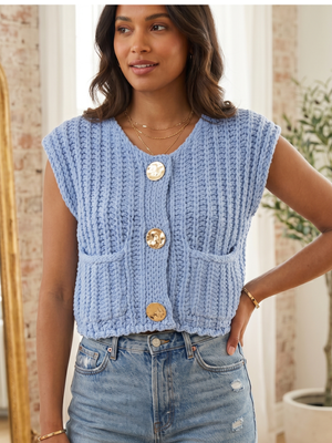 NWOT | Light Blue Chunky Knit Cropped Vest with Oversized Gold Buttons | Small