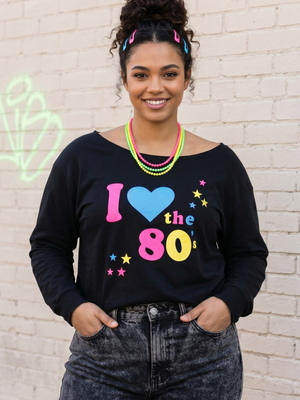 NWT | "I Love the 80's" Retro Off-the-Shoulder Sweater | Artistic Neon Graphic | Onyx Black | Size Large