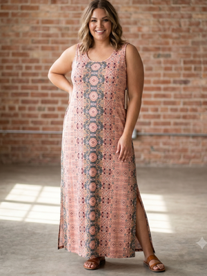 NWT | Dearmsrose Boho Floral Maxi Dress | Coral & Slate Teal | Side Slit | 2XL