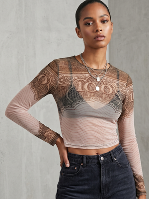 Sheer Mesh "100" Currency Print Top | Long Sleeve | Crew Neck | XL