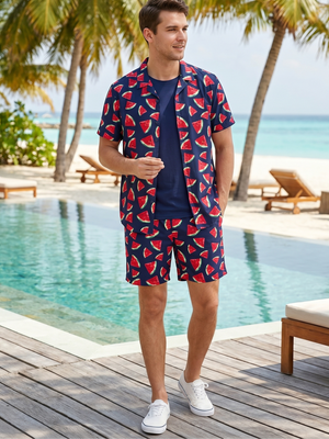 NWT | JOGAL Men's 2pc Watermelon Print Button Up & Shorts Set | Artistic Tropical Silhouette | Navy Blue | Small