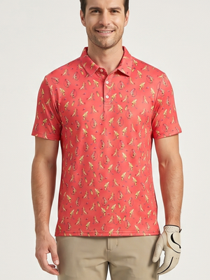 NWOT | Men's Novelty Banana Golf Polo Short Sleeve Performance Shirt | Artistic Cartoon Sports Silhouette | Coral Pink | XL