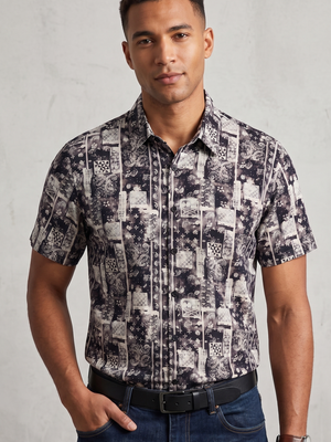 NWT | JOGAL Black & White Paisley Patchwork Button-Up Shirt | Short Sleeve | Size Medium