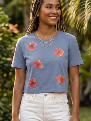 NWOT | Floral Cropped Tee | Hibiscus Graphic Print | Periwinkle Blue | XL