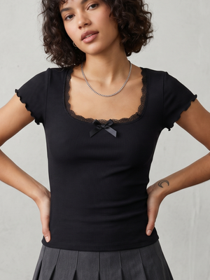 Women's Ribbed Square Neck Tee | Artistic Lace Trim & Coquette Bow Detail | Onyx Black | Size XS
