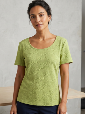 NWT | MIHOLL Women's Textured Floral Short Sleeve Top | Artistic Raised Petal Silhouette | Chartreuse Green | Size XL