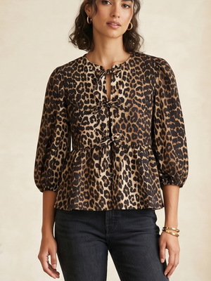 NWOT | Women's Leopard Print Peplum Top | Artistic Triple Tie-Front Silhouette | Classic Animal Print | Size X-Small