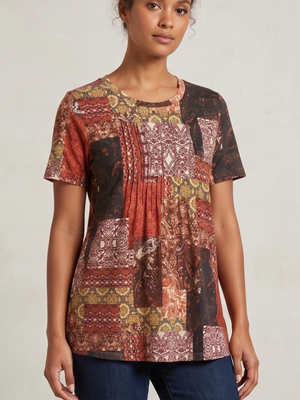 Addtoo Multi-Color Patterned Patchwork Top | Short Sleeve | Size Small