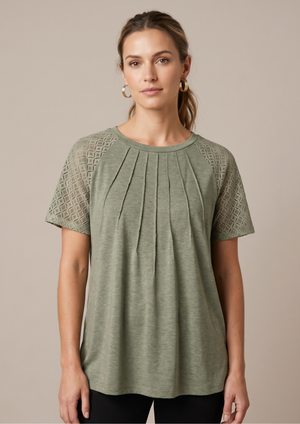 Olive Green Pleated Front Top | Lace Lattice Sleeve | XL