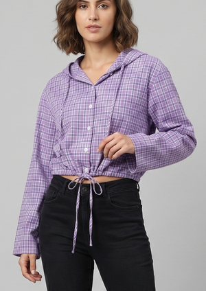 NWT | OLRAIN Purple Plaid Hooded Button-Down Shirt | Drawstring | S