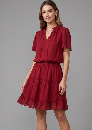 NWT Dark Red Ruffle Summer Dress – Size Large, Tie-Up Neck