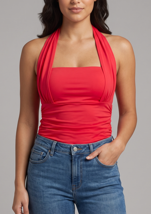 NWOT | Women's Ruched Halter Neck Tie-Up Top | Artistic Layered Silhouette | Cherry Red | Small