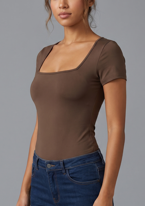Brown Square Neck Short Sleeve Fitted Bodysuit | X-Small