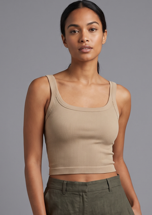 NWOT | Tan Ribbed Workout Crop Top | Seamless | Square Neck | Small