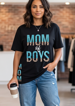 NWOT | "Mom of Boys" Tropical Leopard Graphic T-Shirt | Artistic Mixed-Media Motif | Onyx Black | Size Medium