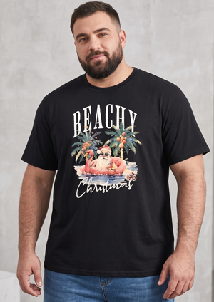 NWOT | "Beachy Christmas" Tropical Santa Graphic T-Shirt | Artistic Flamingo Float Silhouette | Onyx Black | Size XL