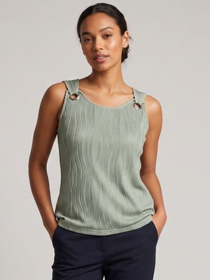 NWOT Sage Green Plissé Keyhole Tank Top with Silver Ring Hardware | Medium