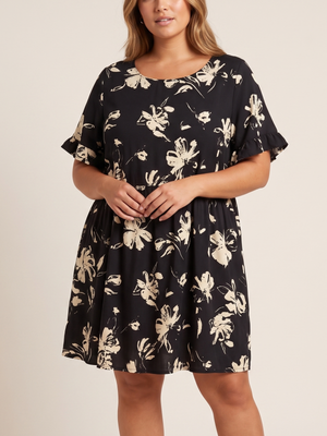 NWT | YESNO Women's Floral Babydoll Short Sleeve Dress | Artistic Relaxed Silhouette | Onyx Black & Cream | Size 2XL