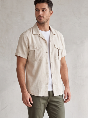 NWT | VATPAVE Men's Cotton-Linen Blend Short Sleeve Utility Shirt | Artistic Casual Resort Silhouette | Oatmeal Beige | Small