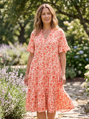 NWT | Hejoy Women's Floral V-Neck Tiered Midi Dress with Pockets | Artistic Orange & Cream Silhouette | Medium