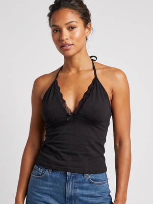 REORIA Black Halter Neck Tank Top | Artistic Lace V-Neck Detail | Sophisticated Backless Frame | Size Small