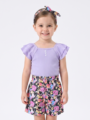 NWOT | Lavender Purple Ribbed Flutter Sleeve Top & Floral Shorts 3pc Set | 4-5Y