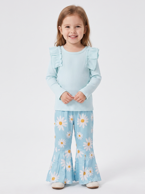 NWOT | 2-Piece Light Blue Daisy Flower Ruffle Top & Flare Pants Set | 2-3T