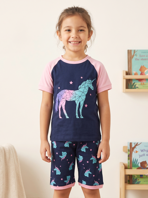 NWOT | Girls Navy & Pink Geometric Unicorn Short Sleeve Pajama Set | 6