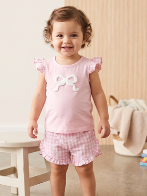 NWOT | Girls' Pink Bow & Gingham Two-Piece Set | Artistic Chenille Bow Top | Ruffle Shorts | Size 12-18M