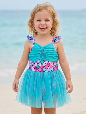 NWT | Mioglrie Girls Mermaid One-Piece Swimsuit with Blue Tulle Tutu Skirt | 2-3