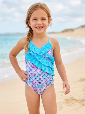 NWOT | Girls' Purple & Blue Mermaid Scale Ruffle One-Piece Swimsuit | Size 6