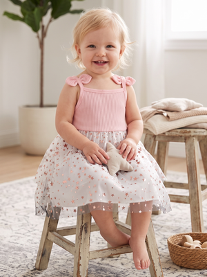NWT | Miogirlie Pink & White Glitter Tulle Star Dress | Bow Straps | 18-24M