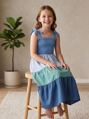 NWT | Hilinker Blue Ombre Tiered Maxi Dress | Smocked Bodice | Tie Straps | Size 9-10Y