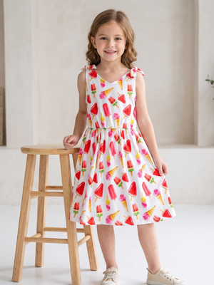 NWOT | Girls' "Sweet Treats" Watercolor Sun Dress | Artistic Ice Cream & Popsicle Motif | Optic White | Size 7Y