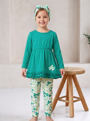 NIP | 3-Piece St. Patrick's Day Tunic, Shamrock Leggings & Matching Headband Set | Teal Green